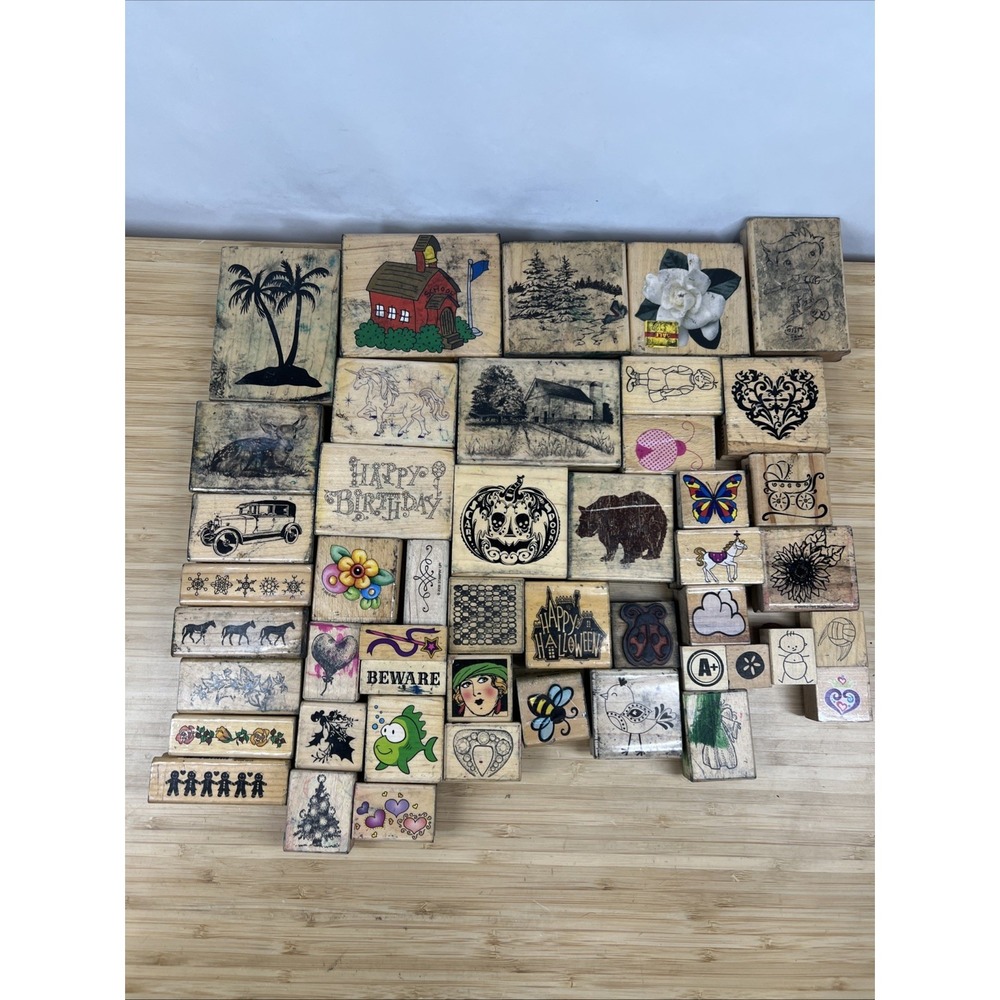 Lot of 47 Wood Mounted Rubber Stamps Mixed Craft Scrapbooking Stampin Up & More